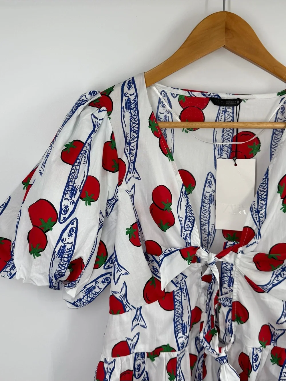 Zara Tomato & Sardines Print Puff Sleeves Top Blouse